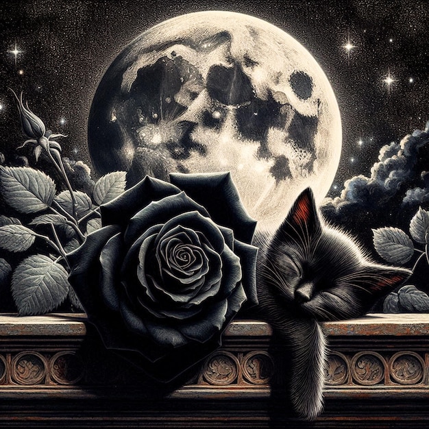 a painting of a cat sleeping on a ledge with a rose and the moon in the background