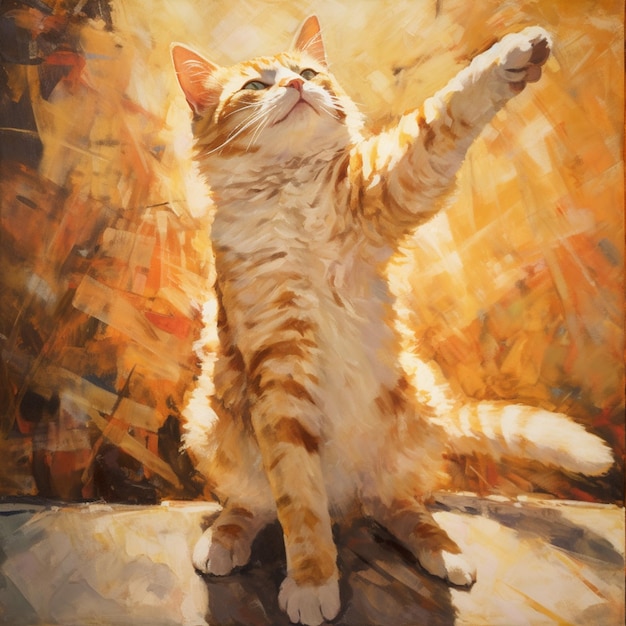 Painting of a cat stretching its paw in the air generative ai