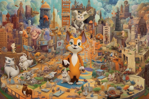 Painting of a cat surrounded by cats in a city generative ai