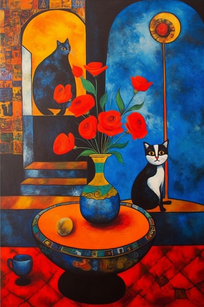 A painting of a cat and a vase of flowers are on a table.