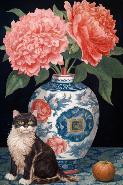 A painting of a cat and a vase of flowers are on a table.