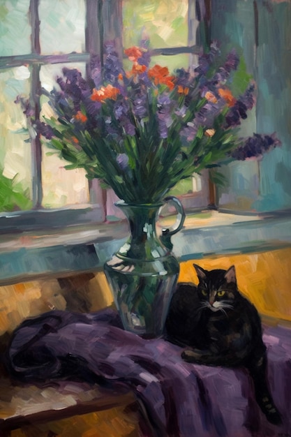 A painting of a cat and a vase of flowers are on a window sill.