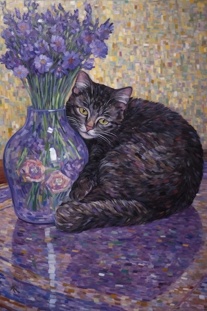 A painting of a cat and a vase of flowers on a table.