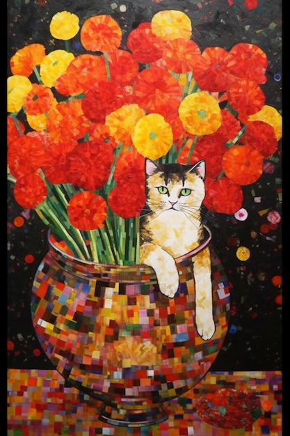 A painting of a cat in a vase of flowers