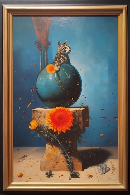 A painting of a cat on a vase with flowers on it