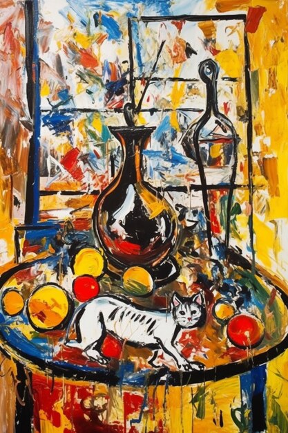 A painting of a cat and a vase with fruit on it.