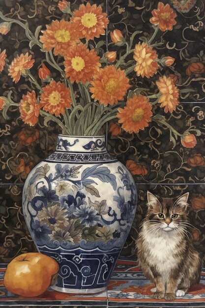 A painting of a cat and a vase with orange flowers.