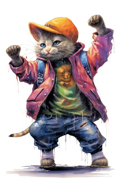 A painting of a cat wearing a hat and jacket Generative AI image