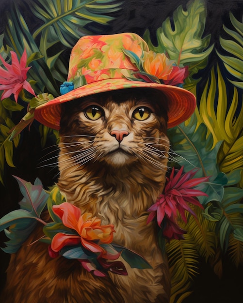 a painting of a cat wearing a hat with flowers and a hat that says  cat