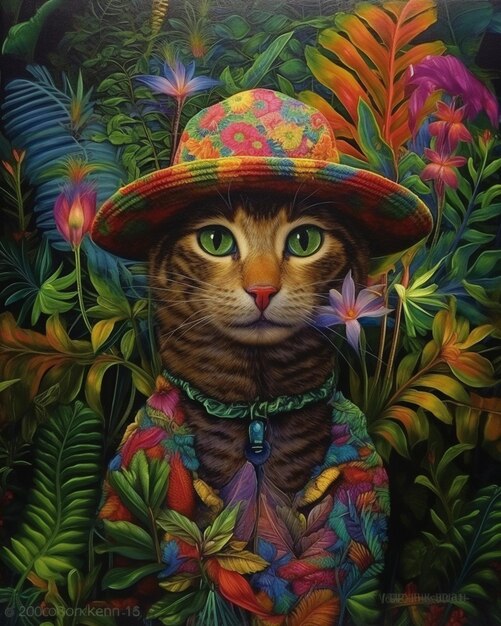 a painting of a cat wearing a hat with the word  cat  on it