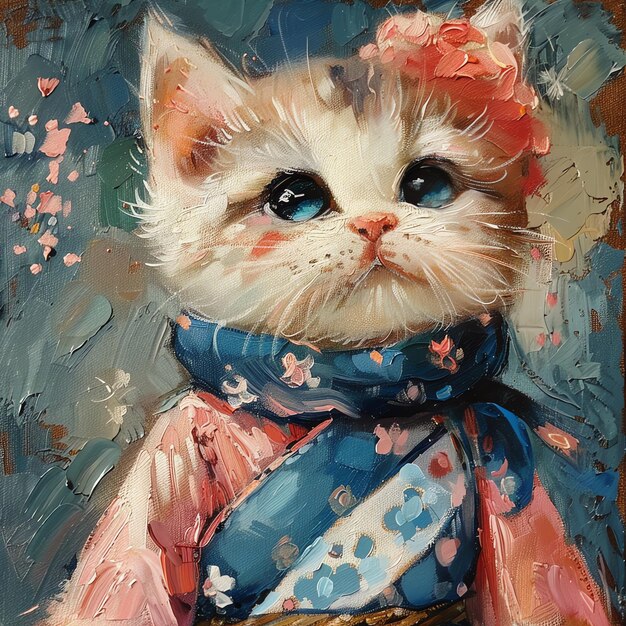 Photo a painting of a cat wearing a scarf with pink flowers on it