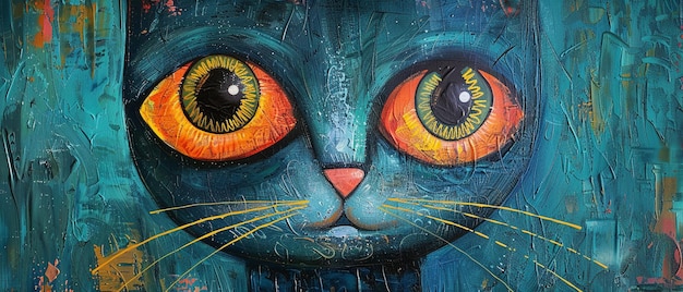 A painting of a cat with big orange eyes and a pink nose surrounded by blue and green paint