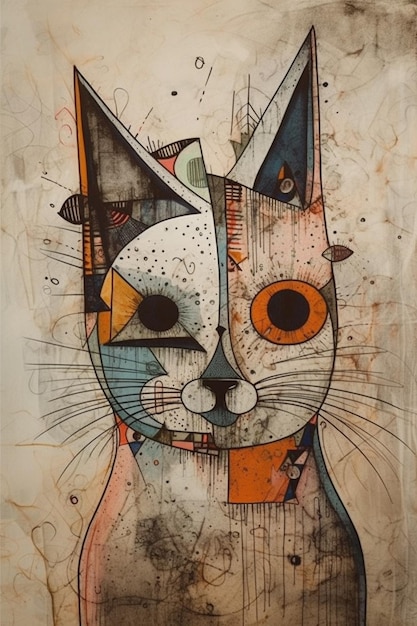 A painting of a cat with a black face and a white face with a black outline and a red triangle on the face.