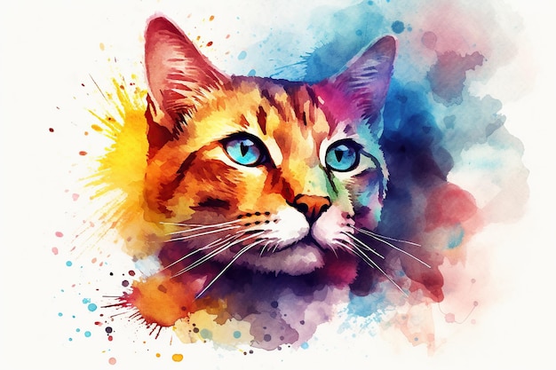 A painting of a cat with blue eyes Cat of different colours in watercolour style