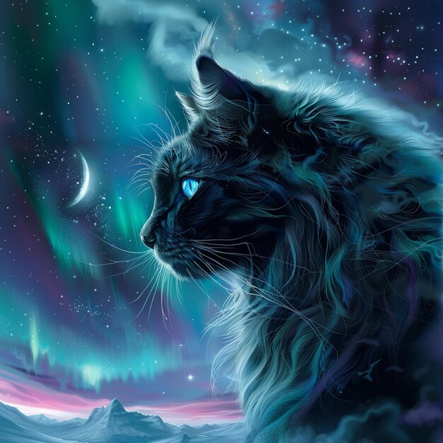 painting of a cat with blue eyes looking at the stars generative ai