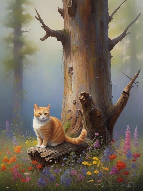 A painting of a cat with blue eyes sitting on a tree stump