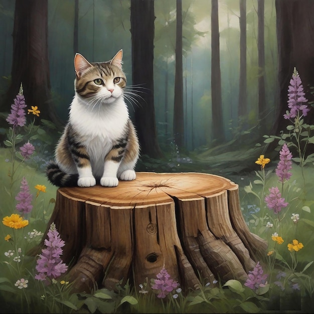 A painting of a cat with blue eyes sitting on a tree stump