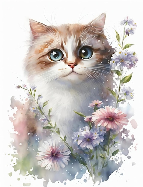 A painting of a cat with blue eyes and a white face.