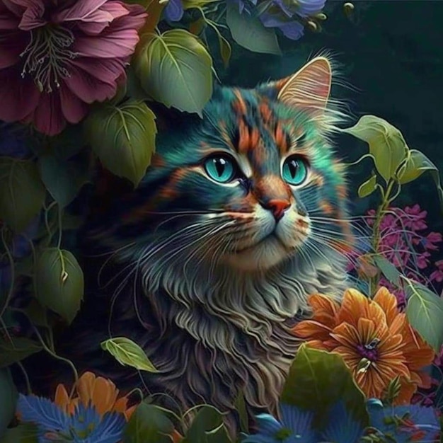 A painting of a cat with blue eyes