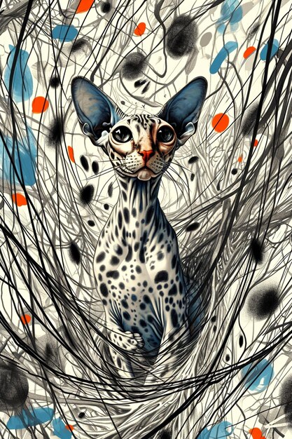 painting of a cat with a blue nose and black spots generative ai