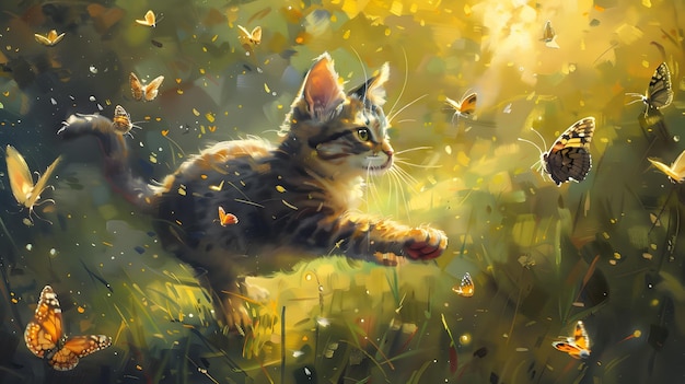 a painting of a cat with butterflies in it