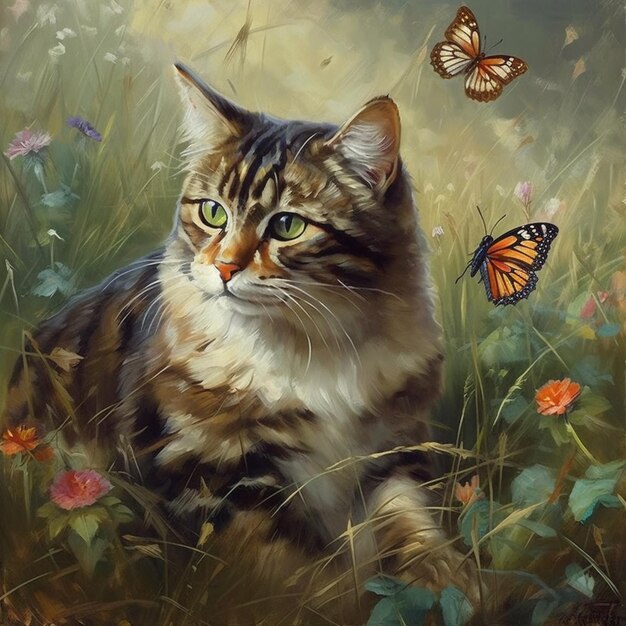 A painting of a cat with butterflies on it