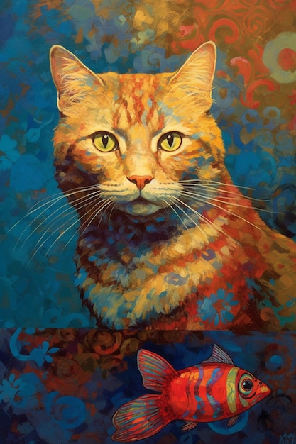 A painting of a cat with a fish on it