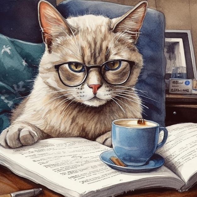 Painting of a cat with glasses and a cup of coffee generative ai