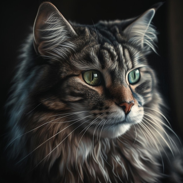 A painting of a cat with green eyes and a dark background.