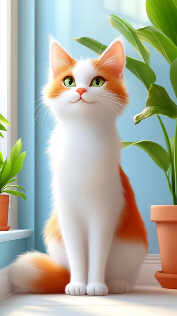 a painting of a cat with green eyes and a plant in the background