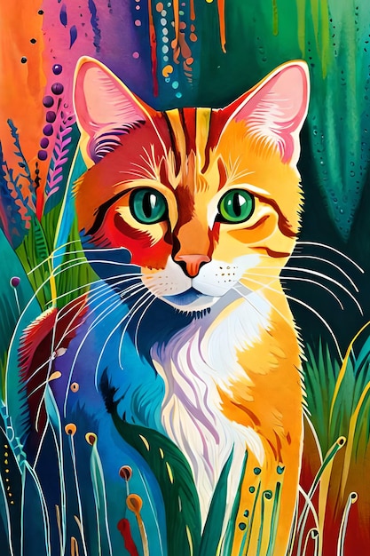 A painting of a cat with green eyes and a yellow and orange tail.