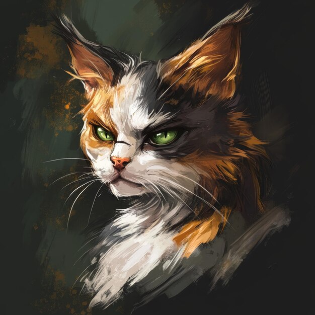 a painting of a cat with green eyes