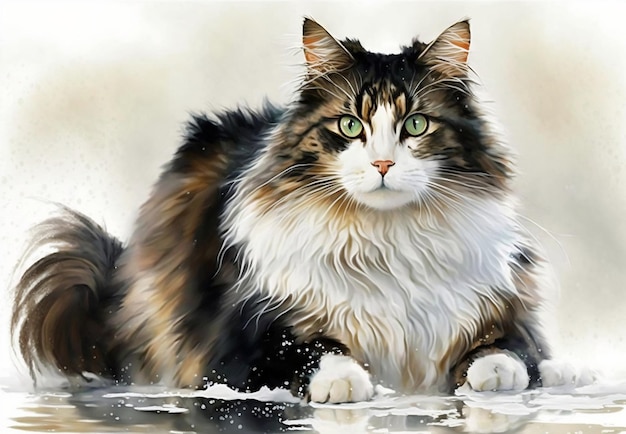 A painting of a cat with green eyes