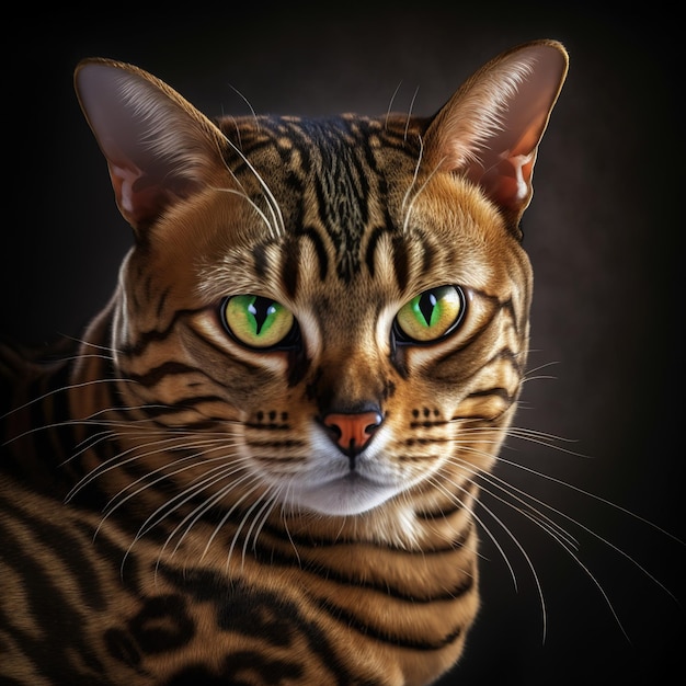 A painting of a cat with green eyes