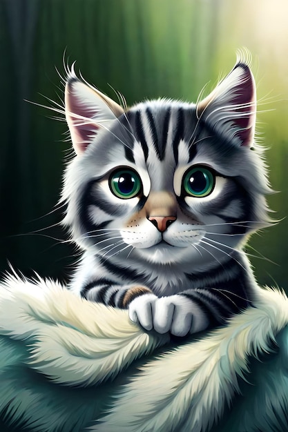 A painting of a cat with green eyes.