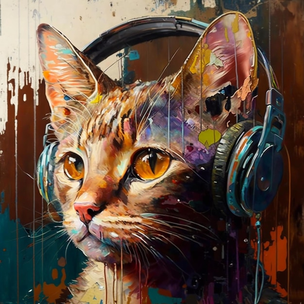 A painting of a cat with a headphones on it