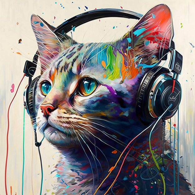 A painting of a cat with headphones on