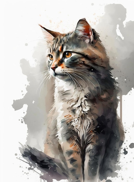 A painting of a cat with orange eyes and brown stripes.