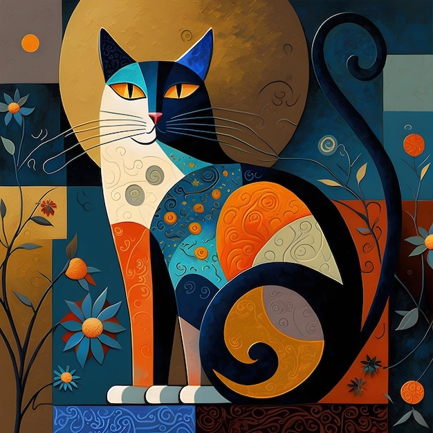 A painting of a cat with orange eyes and yellow eyes.