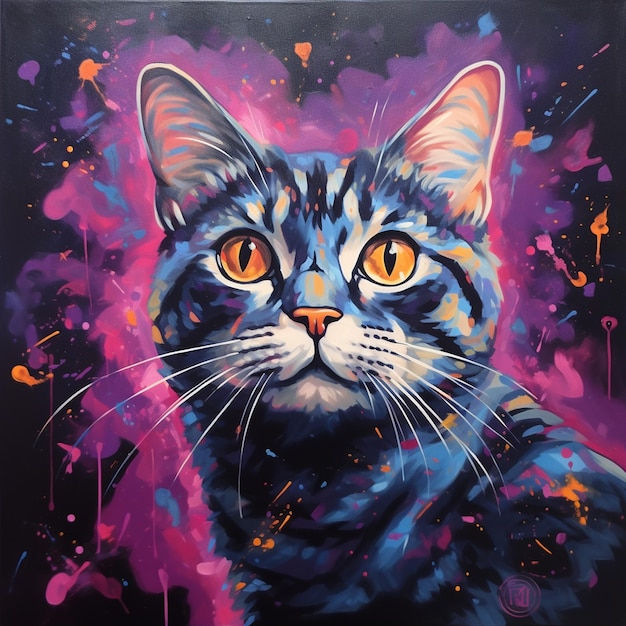 A painting of a cat with pink eyes