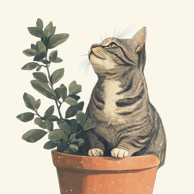 Photo a painting of a cat with a plant in it