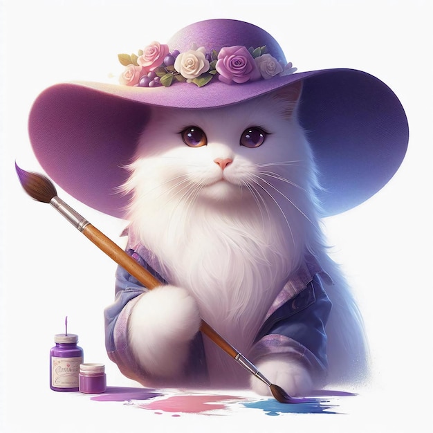 a painting of a cat with a purple hat and a paint brush