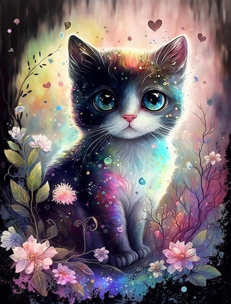 A painting of a cat with a rainbow colored eyes.