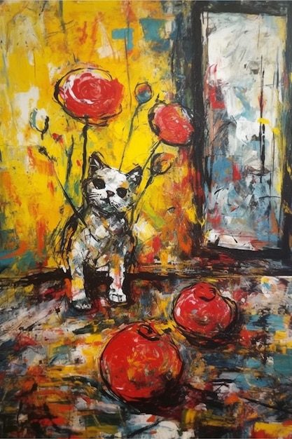 A painting of a cat with red flowers on the ground