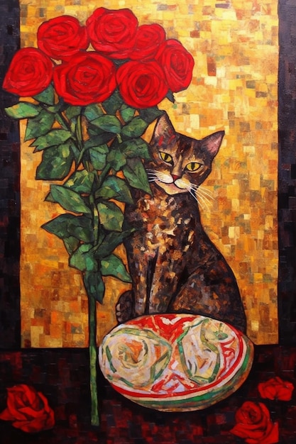 A painting of a cat with red roses in it