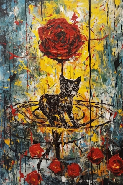 A painting of a cat with a rose on it