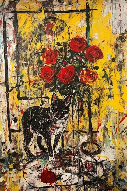 A painting of a cat with roses on it