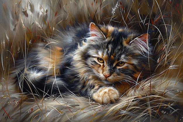 a painting of a cat with a tag in the middle of it