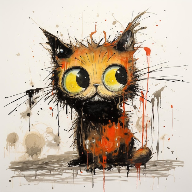 Painting of a cat with yellow eyes and a black nose generative ai