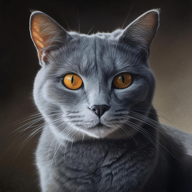 A painting of a cat with yellow eyes and a dark background.